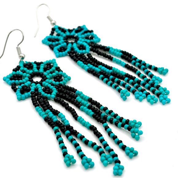 3 1/2" Boho Turquoise & Black Flower Tasseled Hand Beaded Tassel Dangle Earrings - Picture 3 of 4